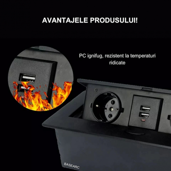 Priza Incorporabila in Mobilier VarioShop®, prelungitor 2 USB si 2 Prize Schuko, Cablu Alimentare 1.9 m, Incastrabil, Negru [2]