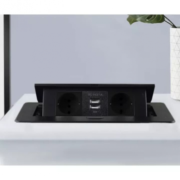 Priza Incorporabila in Mobilier VarioShop®, prelungitor 2 USB si 2 Prize Schuko, Cablu Alimentare 1.9 m, Incastrabil, Negru [12]