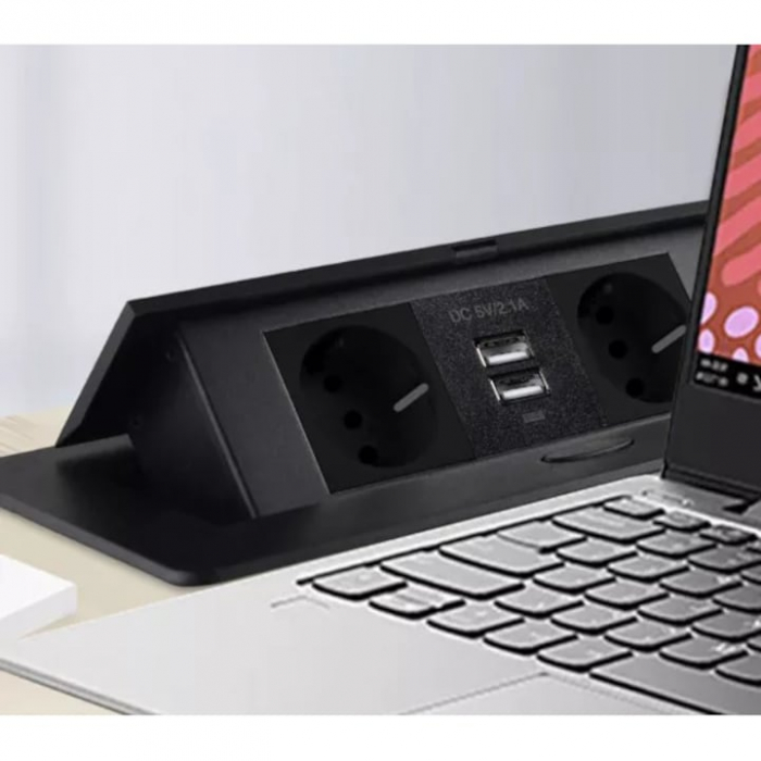 Priza Incorporabila in Mobilier VarioShop®, prelungitor 2 USB si 2 Prize Schuko, Cablu Alimentare 1.9 m, Incastrabil, Negru [3]