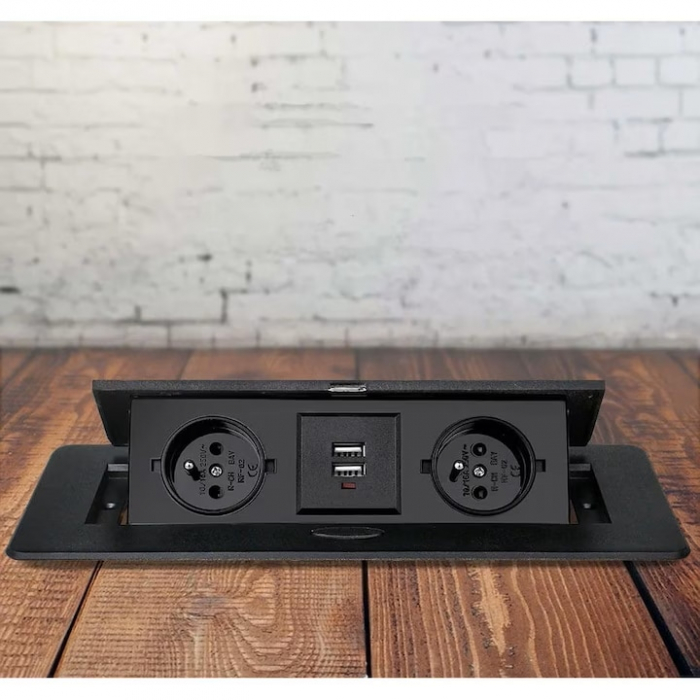 Priza Incorporabila in Mobilier VarioShop®, prelungitor 2 USB si 2 Prize Schuko, Cablu Alimentare 1.9 m, Incastrabil, Negru [16]