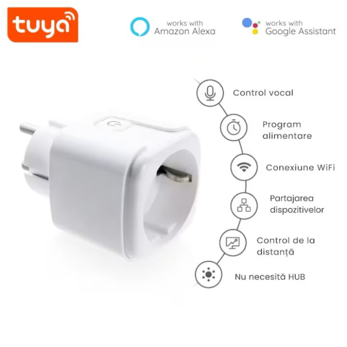 Priza Smart WiFi VarioShop, 16A, 3680W, control prin aplicatia Smart Life, compatibila cu Alexa si Google Assistant, monitorizare consum energie, alb [3]