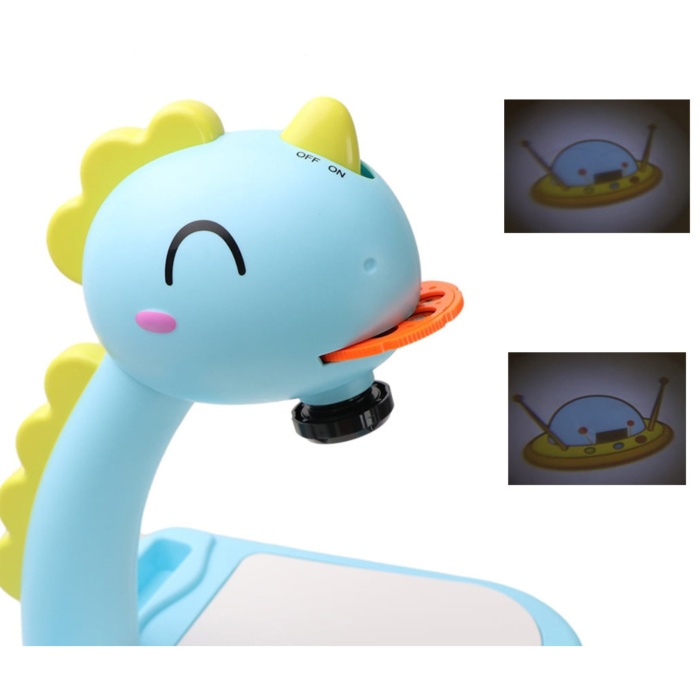 Proiector desen copii VarioShop®, masa educativa cu LED si muzica, tabla de desen cu 3 diapozitive, 12 markere si accesorii, model dinozaur, albastru, 35x29x24 cm [2]
