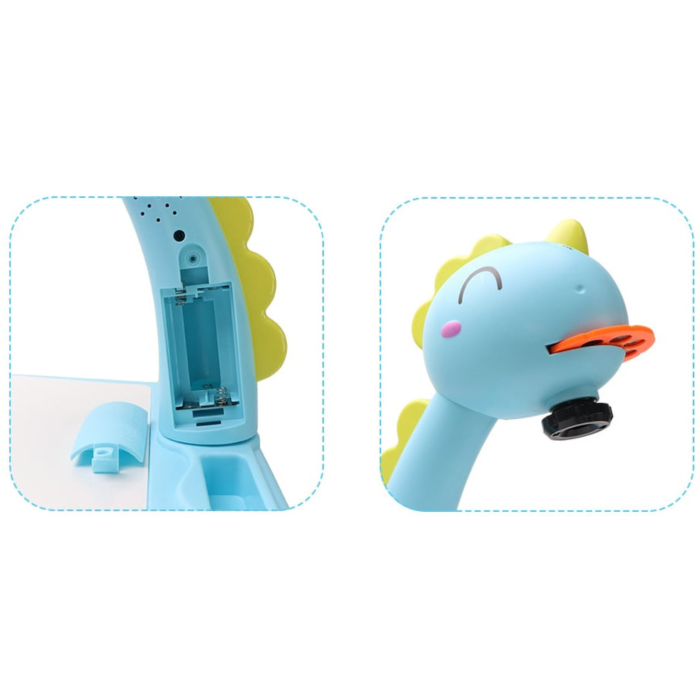 Proiector desen copii VarioShop®, masa educativa cu LED si muzica, tabla de desen cu 3 diapozitive, 12 markere si accesorii, model dinozaur, albastru, 35x29x24 cm [12]