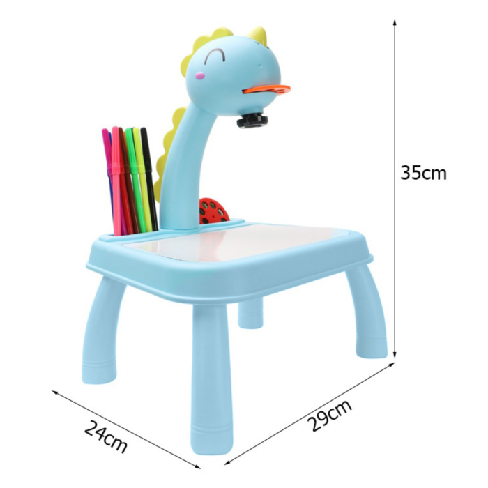 Proiector desen copii VarioShop®, masa educativa cu LED si muzica, tabla de desen cu 3 diapozitive, 12 markere si accesorii, model dinozaur, albastru, 35x29x24 cm [3]