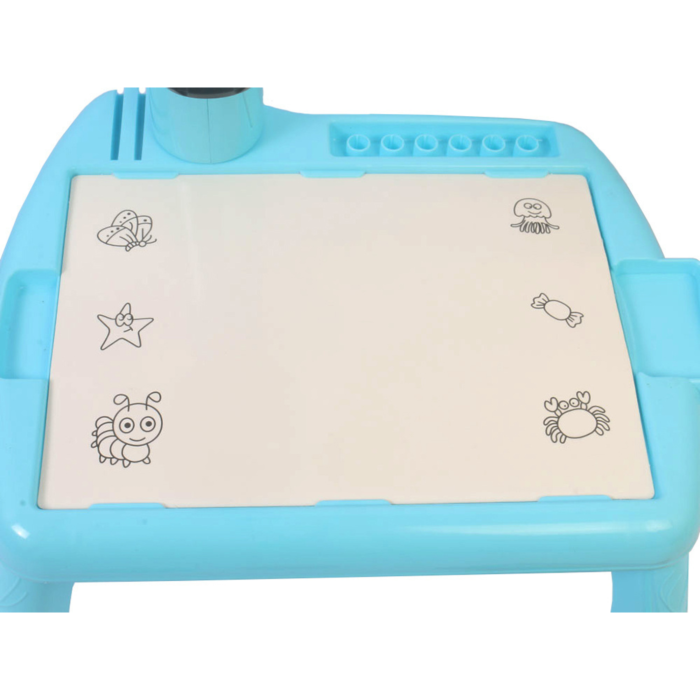 Proiector desen copii VarioShop®, masa educativa cu LED si muzica, tabla de desen cu 3 diapozitive, 12 markere si accesorii, model dinozaur, albastru, 35x29x24 cm [8]