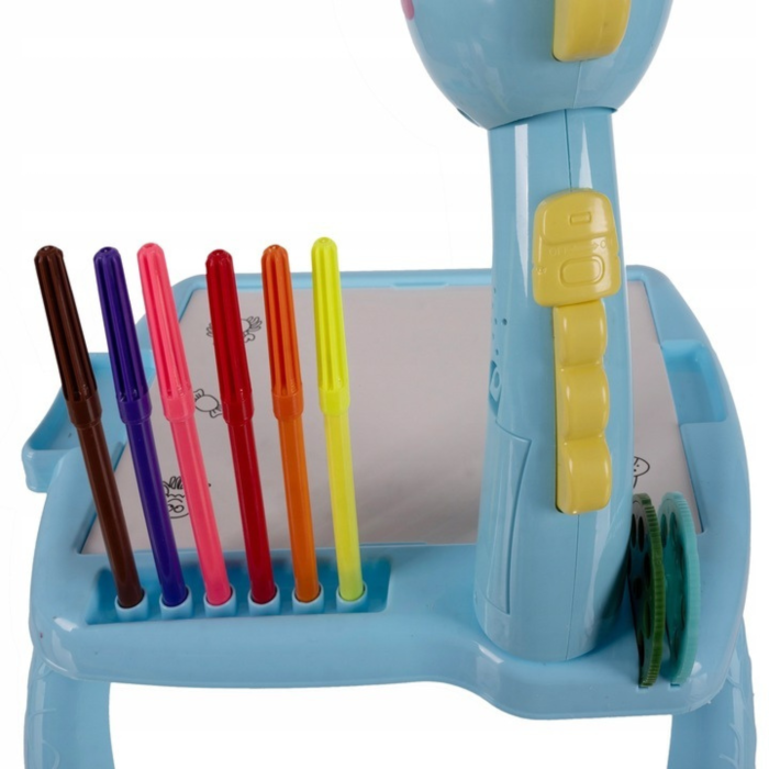 Proiector desen copii VarioShop®, masa educativa cu LED si muzica, tabla de desen cu 3 diapozitive, 12 markere si accesorii, model dinozaur, albastru, 35x29x24 cm [10]