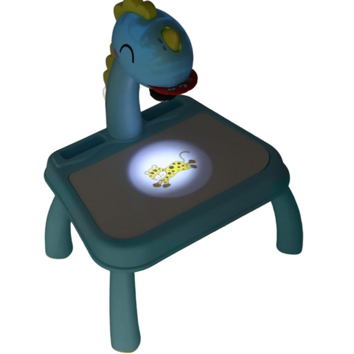 Proiector desen copii VarioShop®, masa educativa cu LED si muzica, tabla de desen cu 3 diapozitive, 12 markere si accesorii, model dinozaur, albastru, 35x29x24 cm [9]