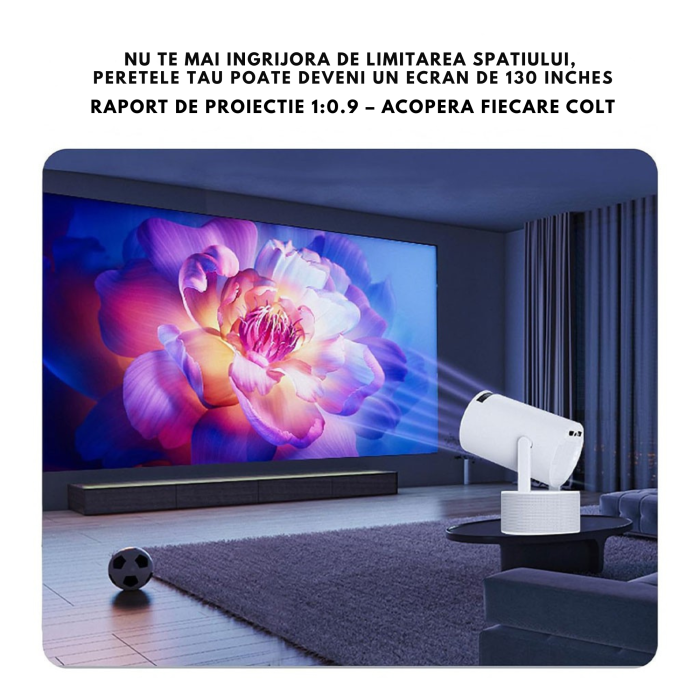 Proiector portabil Varioshop 4K Full HD 1080p cu Android TV 11, WiFi 6 si Bluetooth, functie karaoke cu 2 microfoane wireless, difuzoare HiFi 30W, rotire 180°, mini videoproiector smart alb [6]