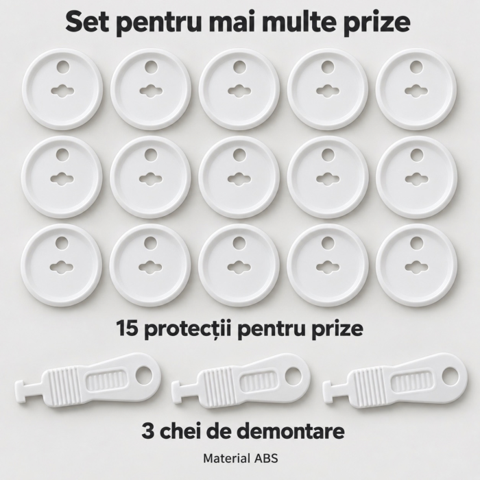 Protectii prize copii VarioShop®, pentru blocarea accesului la prize, demontare cu cheie, 15 bucati, 3 chei incluse,  3,7 x 2,3 cm, alb [12]