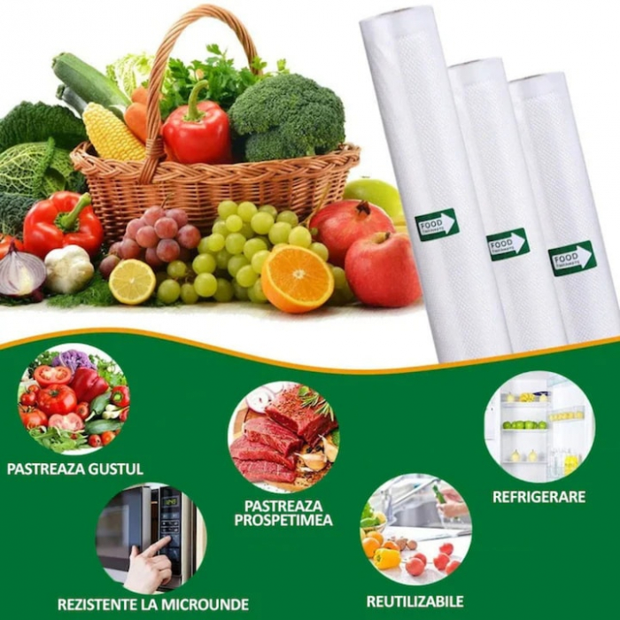 Set 3 role pungi de vidat gofrate VarioShop®, 28 x 600 cm, pentru aparat de vidat alimente, potrivit pentru carne, legume, fructe reutilizabile, rezistente, sous vide, lavabile in masina de spalat, fa [5]