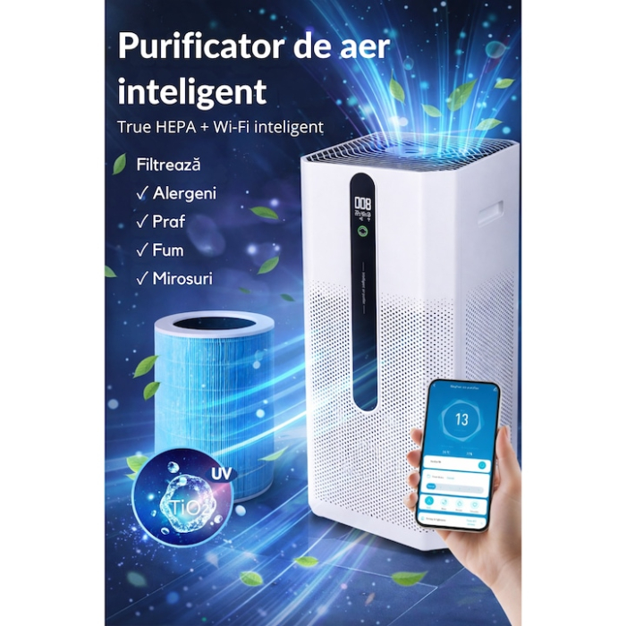 Purificator de aer inteligent VarioShop®, HEPA H12, ionizare, WiFi Smart Life, CADR 370 m³/h, ultra-silențios 21 dB, consum 35 W, pentru alergici, copii și animale, până la 80 m² [3]