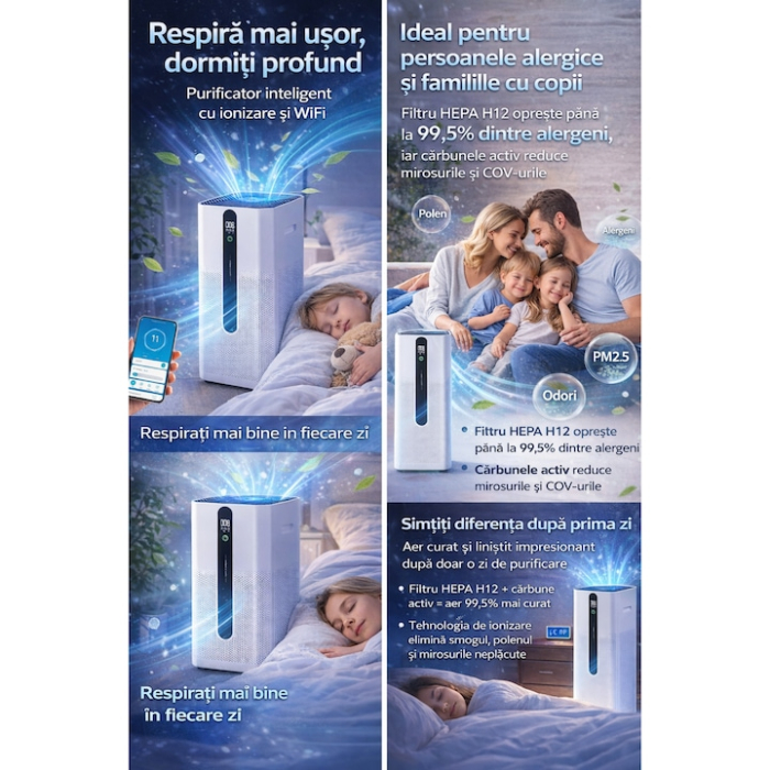 Purificator de aer inteligent VarioShop®, HEPA H12, ionizare, WiFi Smart Life, CADR 370 m³/h, ultra-silențios 21 dB, consum 35 W, pentru alergici, copii și animale, până la 80 m² [2]
