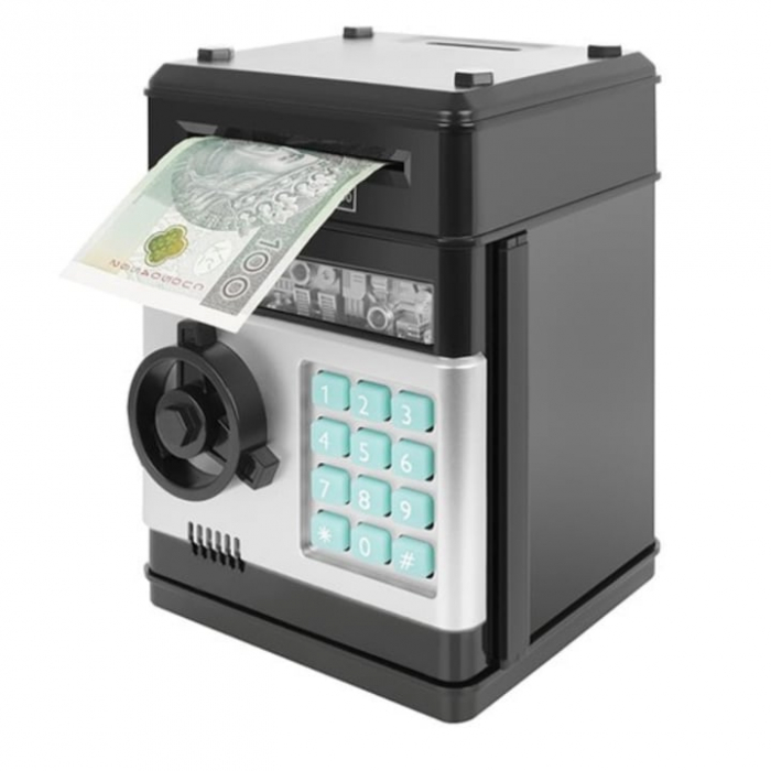 Pusculita ATM tip Jucarie Seif pentru Copii VarioShop®, Cu lumina si Sunet, Deschidere cu Pin, cu Intrare pentru Bani si Monede, 19 x 13 x 13 cm, Negru [12]