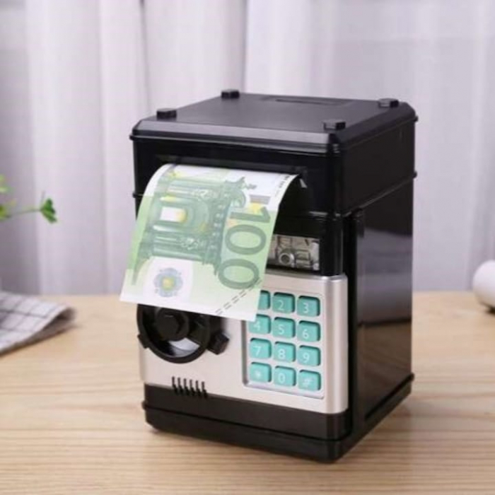 Pusculita ATM tip Jucarie Seif pentru Copii VarioShop®, Cu lumina si Sunet, Deschidere cu Pin, cu Intrare pentru Bani si Monede, 19 x 13 x 13 cm, Negru [14]