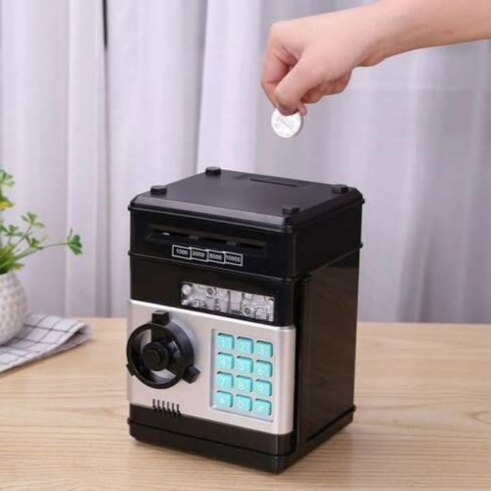 Pusculita ATM tip Jucarie Seif pentru Copii VarioShop®, Cu lumina si Sunet, Deschidere cu Pin, cu Intrare pentru Bani si Monede, 19 x 13 x 13 cm, Negru [15]