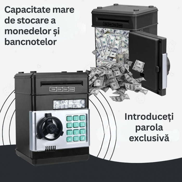 Pusculita ATM tip Jucarie Seif pentru Copii VarioShop®, Cu lumina si Sunet, Deschidere cu Pin, cu Intrare pentru Bani si Monede, 19 x 13 x 13 cm, Negru [7]