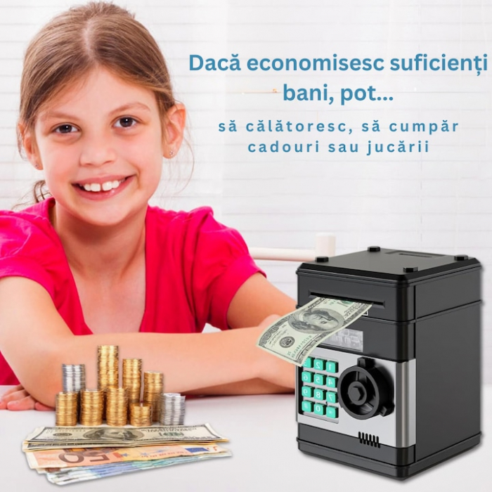 Pusculita ATM tip Jucarie Seif pentru Copii VarioShop®, Cu lumina si Sunet, Deschidere cu Pin, cu Intrare pentru Bani si Monede, 19 x 13 x 13 cm, Negru [6]