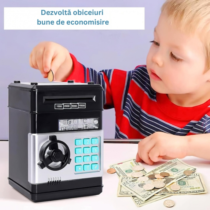 Pusculita ATM tip Jucarie Seif pentru Copii VarioShop®, Cu lumina si Sunet, Deschidere cu Pin, cu Intrare pentru Bani si Monede, 19 x 13 x 13 cm, Negru [5]