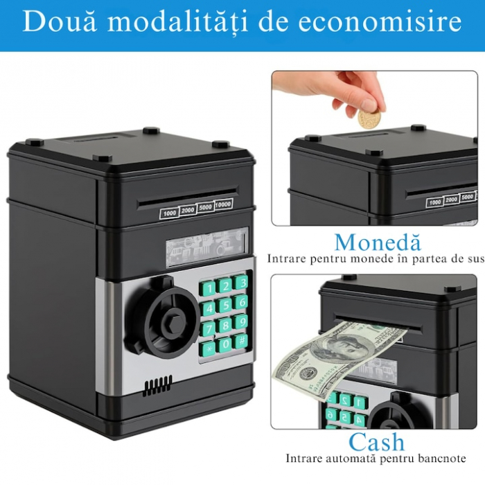 Pusculita ATM tip Jucarie Seif pentru Copii VarioShop®, Cu lumina si Sunet, Deschidere cu Pin, cu Intrare pentru Bani si Monede, 19 x 13 x 13 cm, Negru [3]