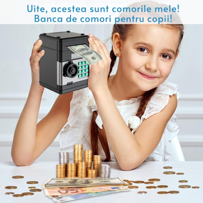 Pusculita ATM tip Jucarie Seif pentru Copii VarioShop®, Cu lumina si Sunet, Deschidere cu Pin, cu Intrare pentru Bani si Monede, 19 x 13 x 13 cm, Negru [4]