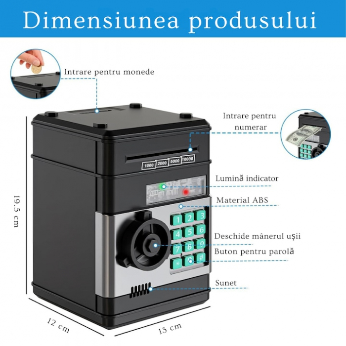 Pusculita ATM tip Jucarie Seif pentru Copii VarioShop®, Cu lumina si Sunet, Deschidere cu Pin, cu Intrare pentru Bani si Monede, 19 x 13 x 13 cm, Negru [2]