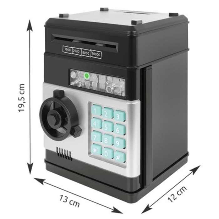 Pusculita ATM tip Jucarie Seif pentru Copii VarioShop®, Cu lumina si Sunet, Deschidere cu Pin, cu Intrare pentru Bani si Monede, 19 x 13 x 13 cm, Negru [10]