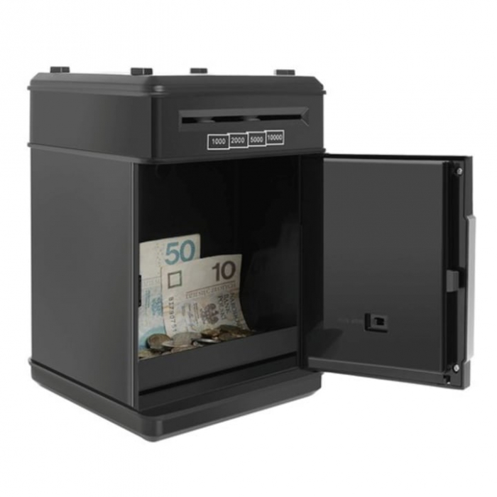 Pusculita ATM tip Jucarie Seif pentru Copii VarioShop®, Cu lumina si Sunet, Deschidere cu Pin, cu Intrare pentru Bani si Monede, 19 x 13 x 13 cm, Negru [13]