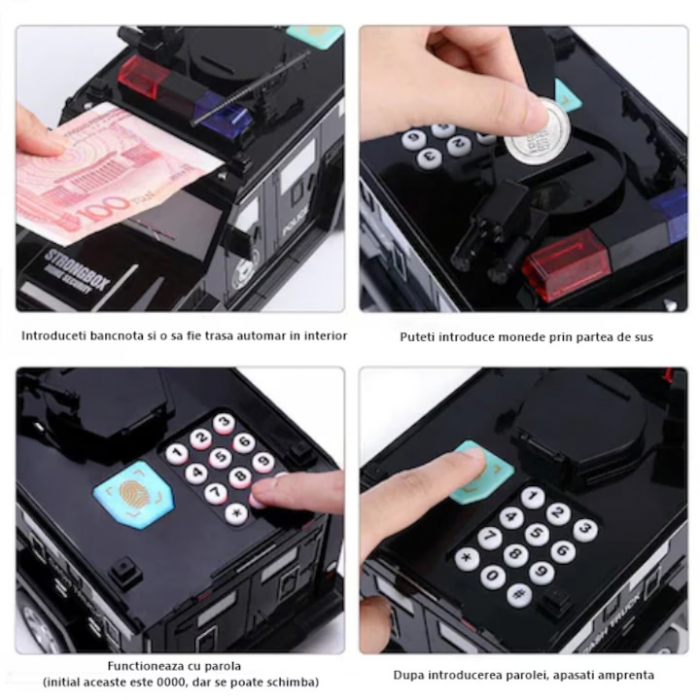 Pusculita Electronica Metalica VarioShop® Stil Masina Blindata, Sunete si Lumini, Deschidere cu pin si amprenta, Compatibila cu hartie si monede, Negru [24]