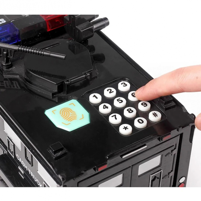 Pusculita Electronica Metalica VarioShop® Stil Masina Blindata, Sunete si Lumini, Deschidere cu pin si amprenta, Compatibila cu hartie si monede, Negru [19]