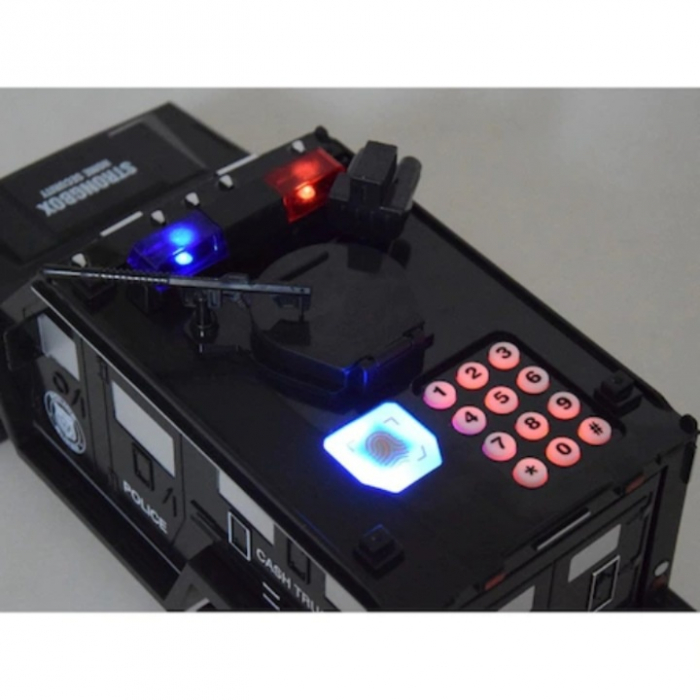 Pusculita Electronica Metalica VarioShop® Stil Masina Blindata, Sunete si Lumini, Deschidere cu pin si amprenta, Compatibila cu hartie si monede, Negru [25]