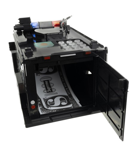 Pusculita Electronica Metalica VarioShop® Stil Masina Blindata, Sunete si Lumini, Deschidere cu pin si amprenta, Compatibila cu hartie si monede, Negru [34]