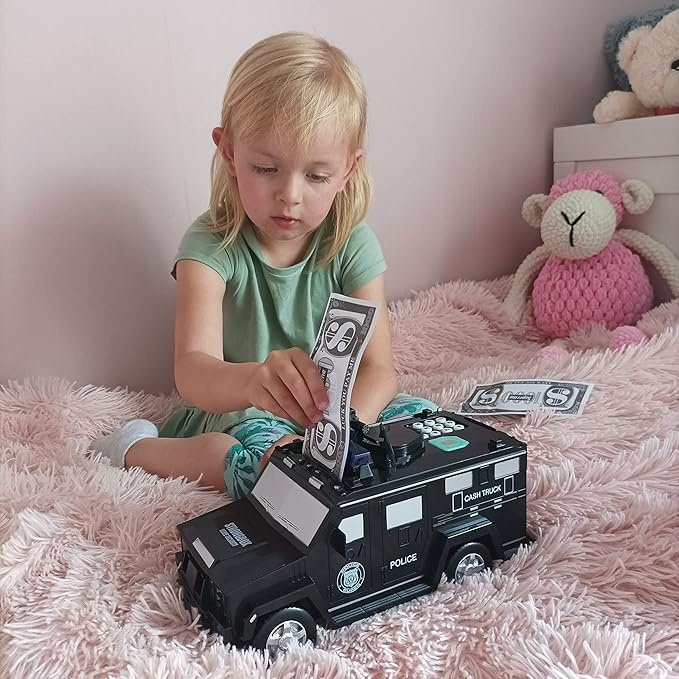 Pusculita Electronica Metalica VarioShop® Stil Masina Blindata, Sunete si Lumini, Deschidere cu pin si amprenta, Compatibila cu hartie si monede, Negru [30]