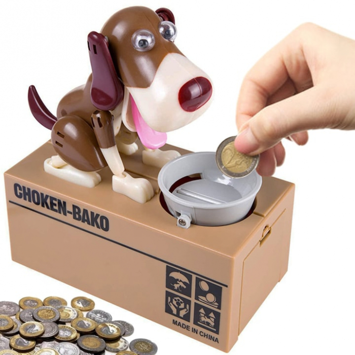 Pusculita pentru copii VarioShop®, catelusul infometat, interactiune captivanta, educatie financiara pentru copii, alimentare la baterii, 15 x 8 x 17 cm, Maro [12]