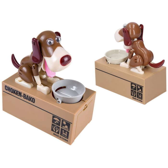 Pusculita pentru copii VarioShop®, catelusul infometat, interactiune captivanta, educatie financiara pentru copii, alimentare la baterii, 15 x 8 x 17 cm, Maro [11]