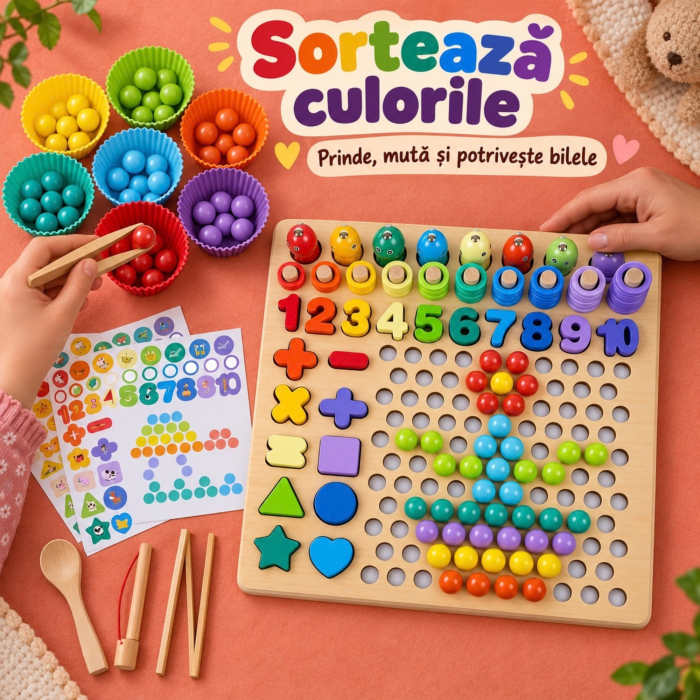 Joc educativ din lemn VarioShop®, pentru invatarea culorilor si coordonare, cu margele colorate, pesti magnetici, cifre si forme, 30 x 30 x 7,5 cm [11]