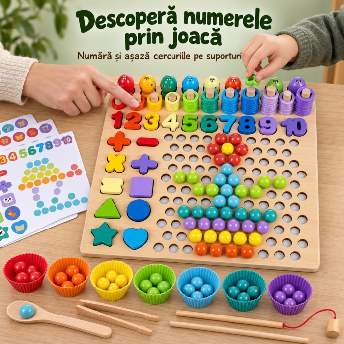Joc educativ din lemn VarioShop®, pentru invatarea culorilor si coordonare, cu margele colorate, pesti magnetici, cifre si forme, 30 x 30 x 7,5 cm [5]