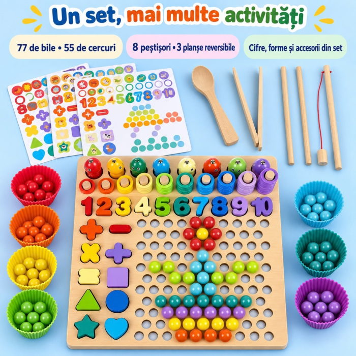 Joc educativ din lemn VarioShop®, pentru invatarea culorilor si coordonare, cu margele colorate, pesti magnetici, cifre si forme, 30 x 30 x 7,5 cm [7]