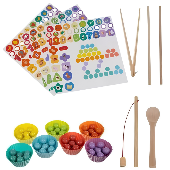 Joc educativ din lemn VarioShop®, pentru invatarea culorilor si coordonare, cu margele colorate, pesti magnetici, cifre si forme, 30 x 30 x 7,5 cm [8]