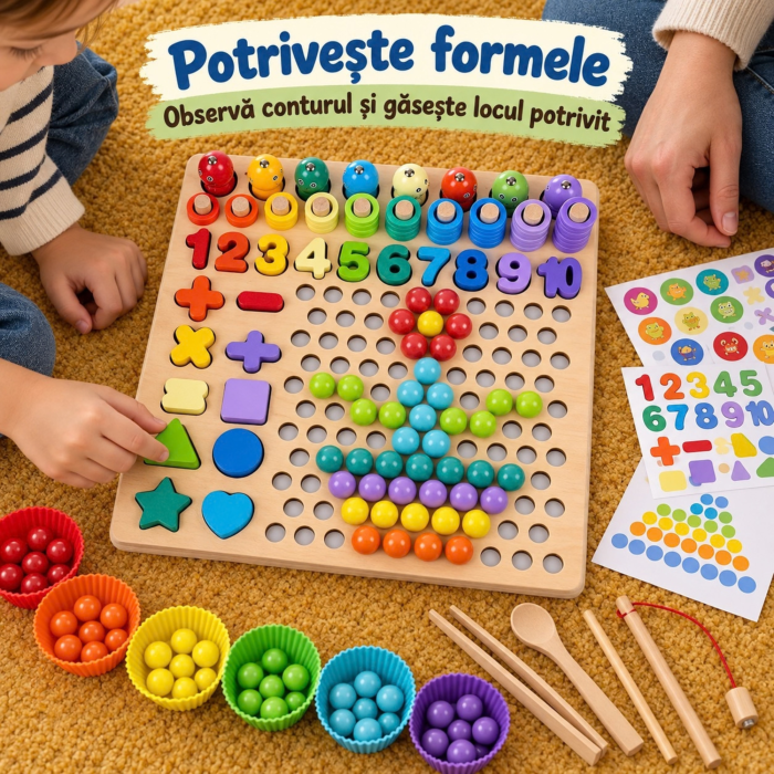Joc educativ din lemn VarioShop®, pentru invatarea culorilor si coordonare, cu margele colorate, pesti magnetici, cifre si forme, 30 x 30 x 7,5 cm [10]