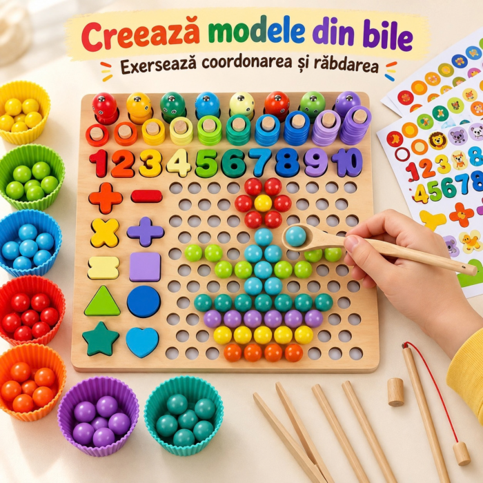 Joc educativ din lemn VarioShop®, pentru invatarea culorilor si coordonare, cu margele colorate, pesti magnetici, cifre si forme, 30 x 30 x 7,5 cm [9]