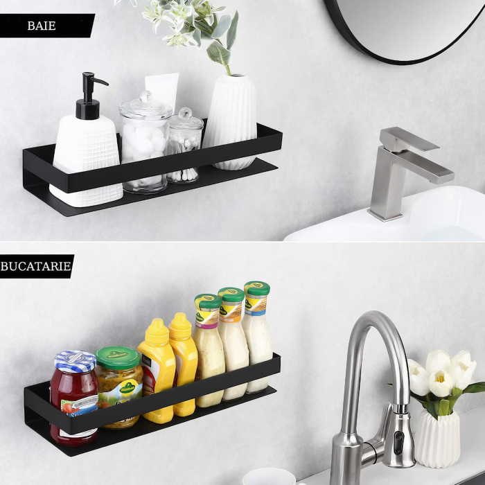 Raft accesorii de baie VarioShop®, din otel inoxidabil, capacitate maxima suportata 10 kg, potrivit pentru baie, bucatarie, debara, dimensiuni 6 x 50 x 10.5 cm, negru [21]