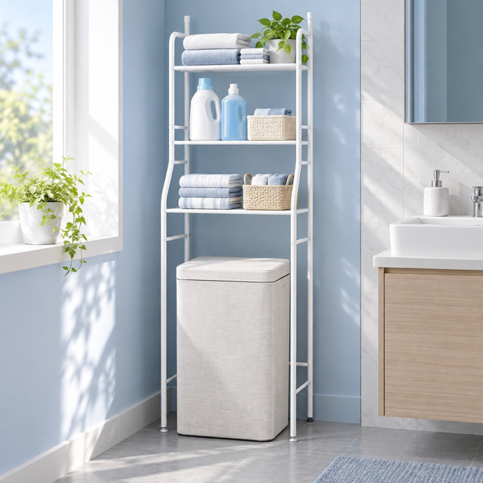 Raft de baie cu 3 niveluri VarioShop, stabil si compact, pentru organizare deasupra toaletei sau masinii de spalat, metal si plastic, 152,5 x 43,5 x 24 cm, alb [3]