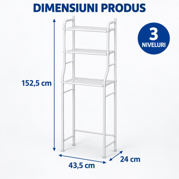 Raft de baie cu 3 niveluri VarioShop, stabil si compact, pentru organizare deasupra toaletei sau masinii de spalat, metal si plastic, 152,5 x 43,5 x 24 cm, alb [4]