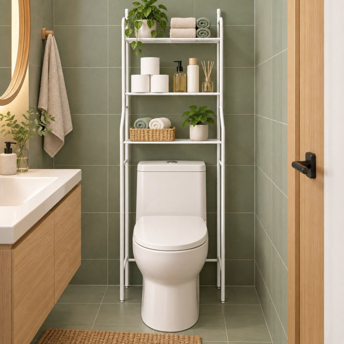 Raft de baie cu 3 niveluri VarioShop, stabil si compact, pentru organizare deasupra toaletei sau masinii de spalat, metal si plastic, 152,5 x 43,5 x 24 cm, alb [5]
