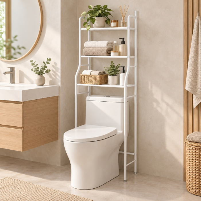 Raft de baie cu 3 niveluri VarioShop, stabil si compact, pentru organizare deasupra toaletei sau masinii de spalat, metal si plastic, 152,5 x 43,5 x 24 cm, alb [8]