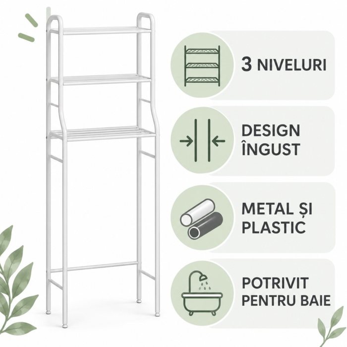 Raft de baie cu 3 niveluri VarioShop, stabil si compact, pentru organizare deasupra toaletei sau masinii de spalat, metal si plastic, 152,5 x 43,5 x 24 cm, alb [7]