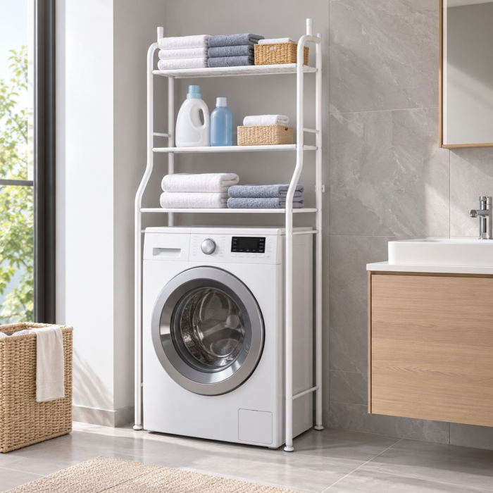 Raft de baie cu 3 polite VarioShop®, stabil si compact, pentru organizare deasupra toaletei sau masinii de spalat, 153 x 65 x 25 cm, alb [5]