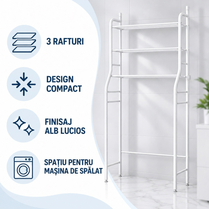 Raft de baie cu 3 polite VarioShop®, stabil si compact, pentru organizare deasupra toaletei sau masinii de spalat, 153 x 65 x 25 cm, alb [6]