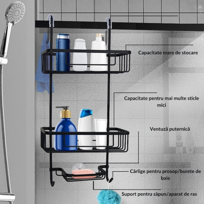 Raft de dus suspendat, VarioShop, 3 nivele, inoxidabil, negru, 63x14x28,5cm [3]