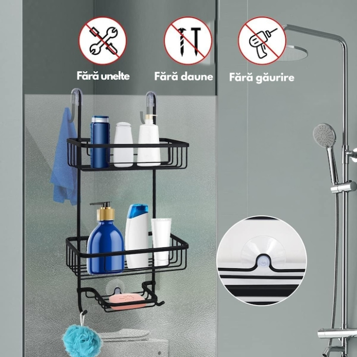 Raft de dus suspendat, VarioShop, 3 nivele, inoxidabil, negru, 63x14x28,5cm [2]